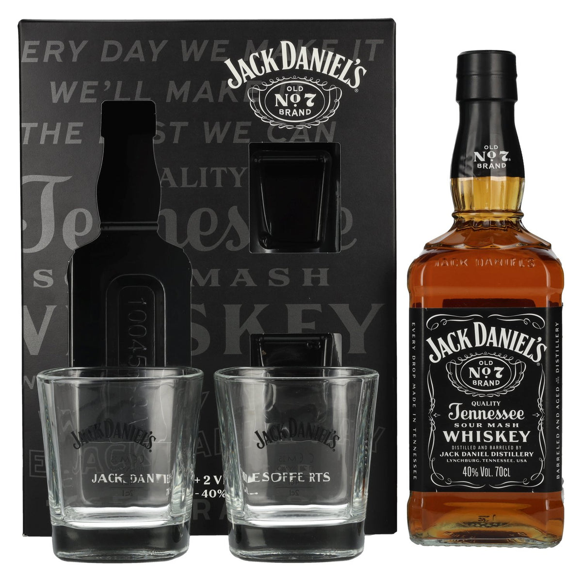 Jack Daniel's Tennessee Whiskey 40% Vol. 0.7L in gift box with 2 rocks glasses
