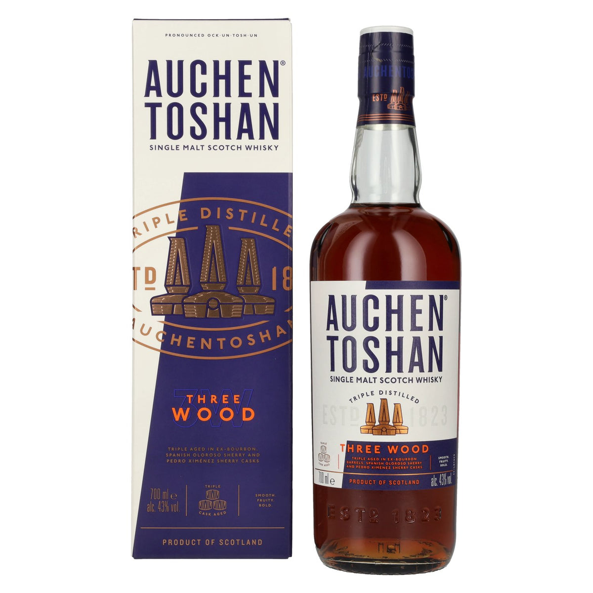 Auchentoshan THREE WOOD Single Malt Scotch Whisky 43% ABV, 0.7 litres, in a gift box