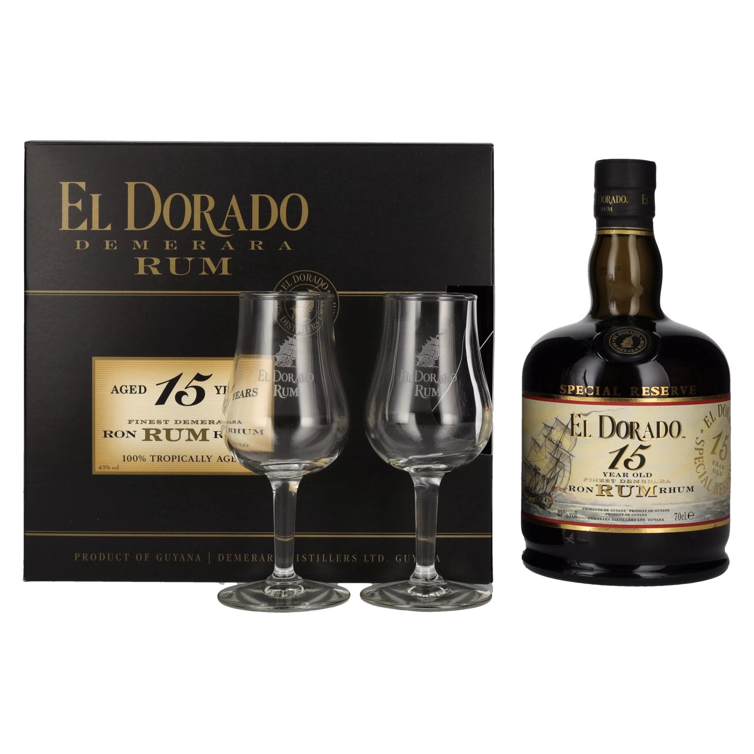 El Dorado 15 Years Old Finest Demerara Rum SPECIAL RESERVE 43% Vol. 0.7l in gift box with 2 glasses