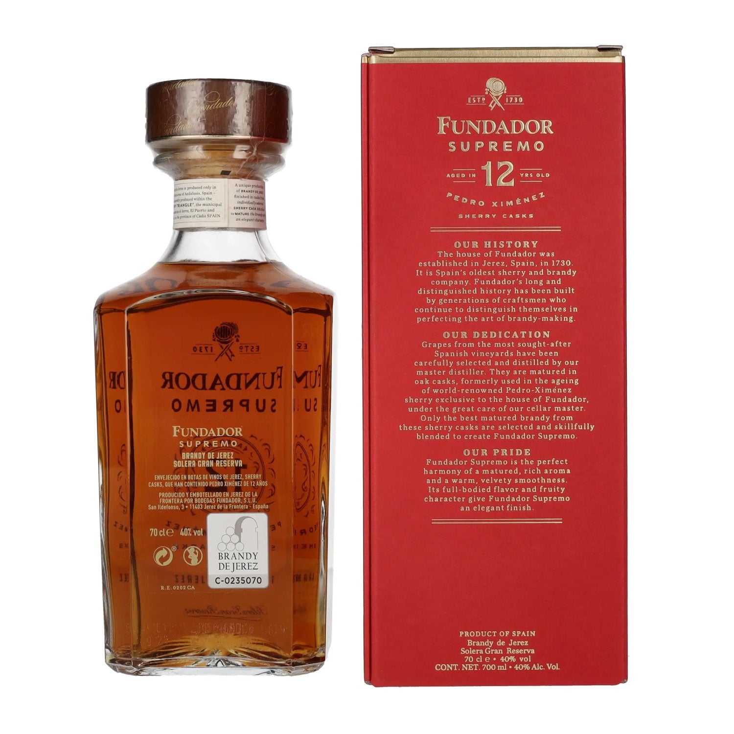 Fundador Supremo 12 Years Old Sherry Casks Brandy de Jerez 40% Vol. 0,7l in Geschenkbox