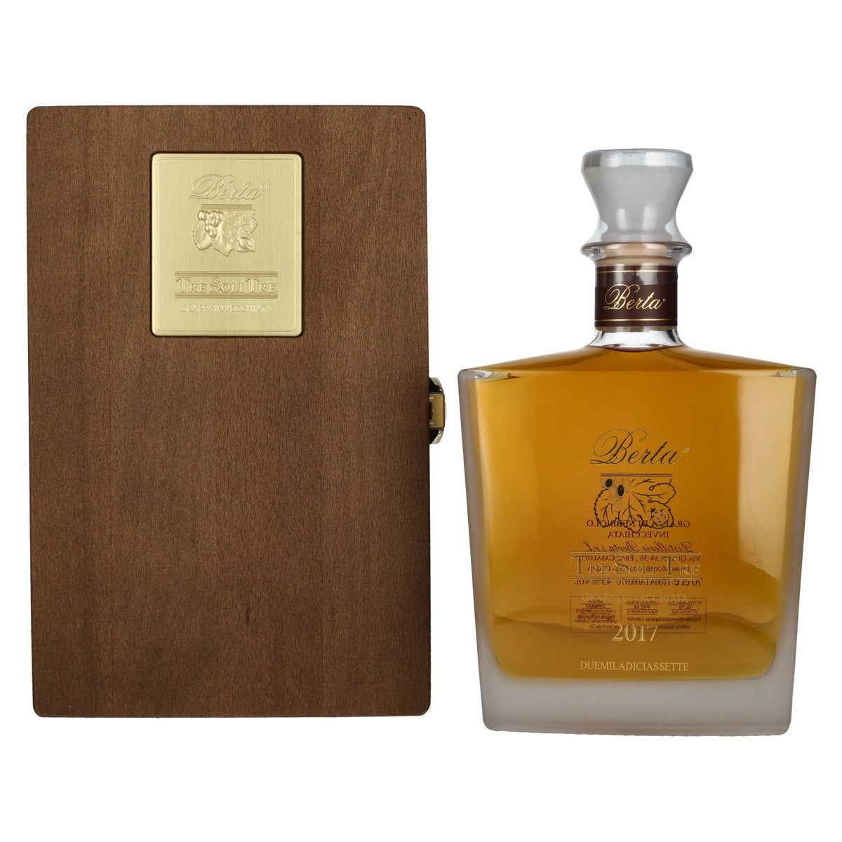 Berta Grappa Tre Soli Tre Grappa Invecchiata 2017 43% Vol. 0,7l in Holzkiste