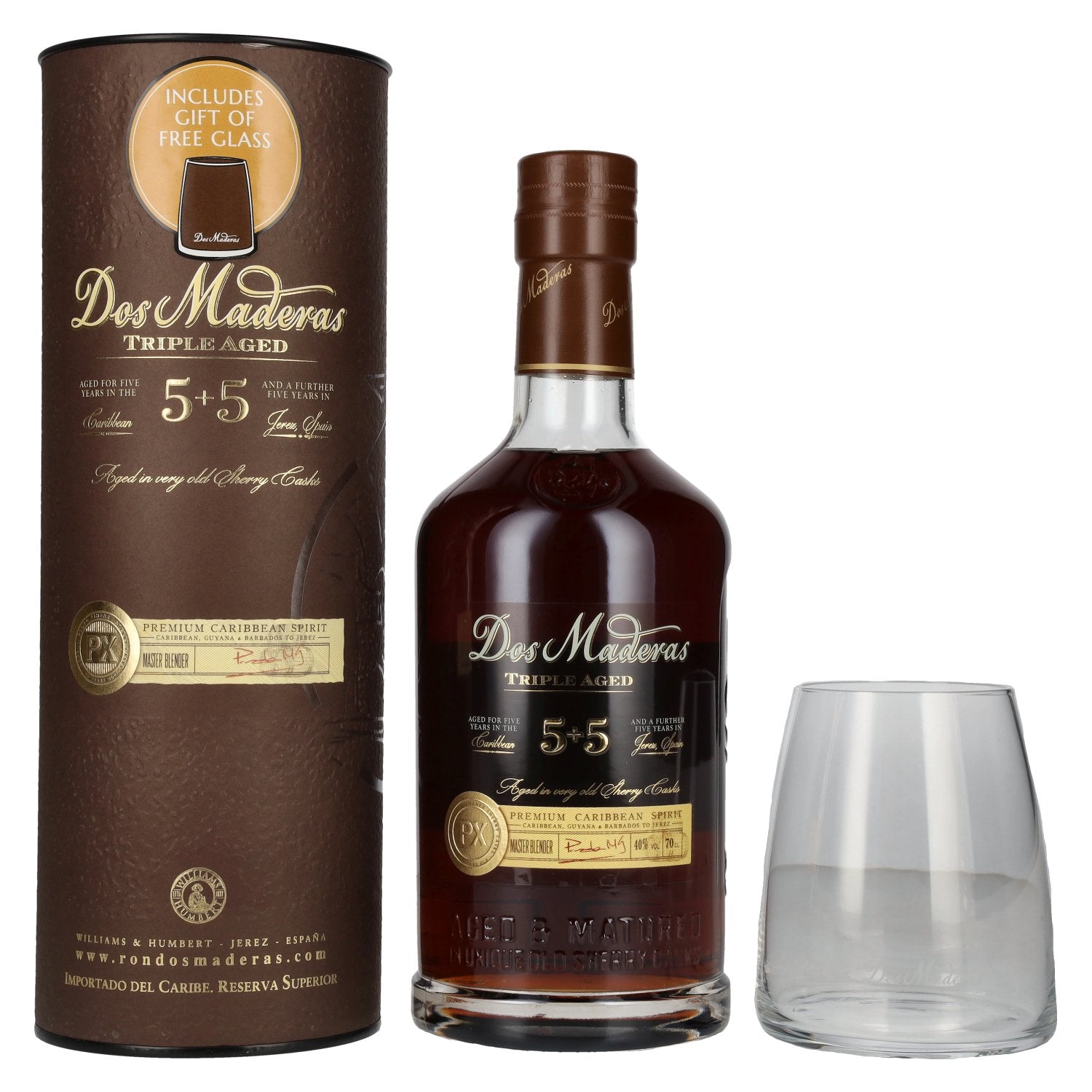 Dos Maderas PX 5+5 Years Old Triple Aged Spirit Drink 40% Vol. 0.7l in Gift Box with Glass