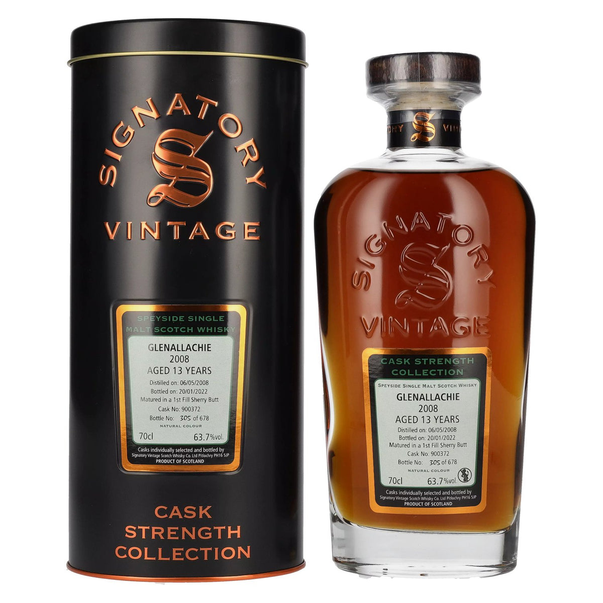 Signatory Vintage GLENALLACHIE 13 Years Old Cask Strength 2008 63.7% vol. 0.7l in a tin box