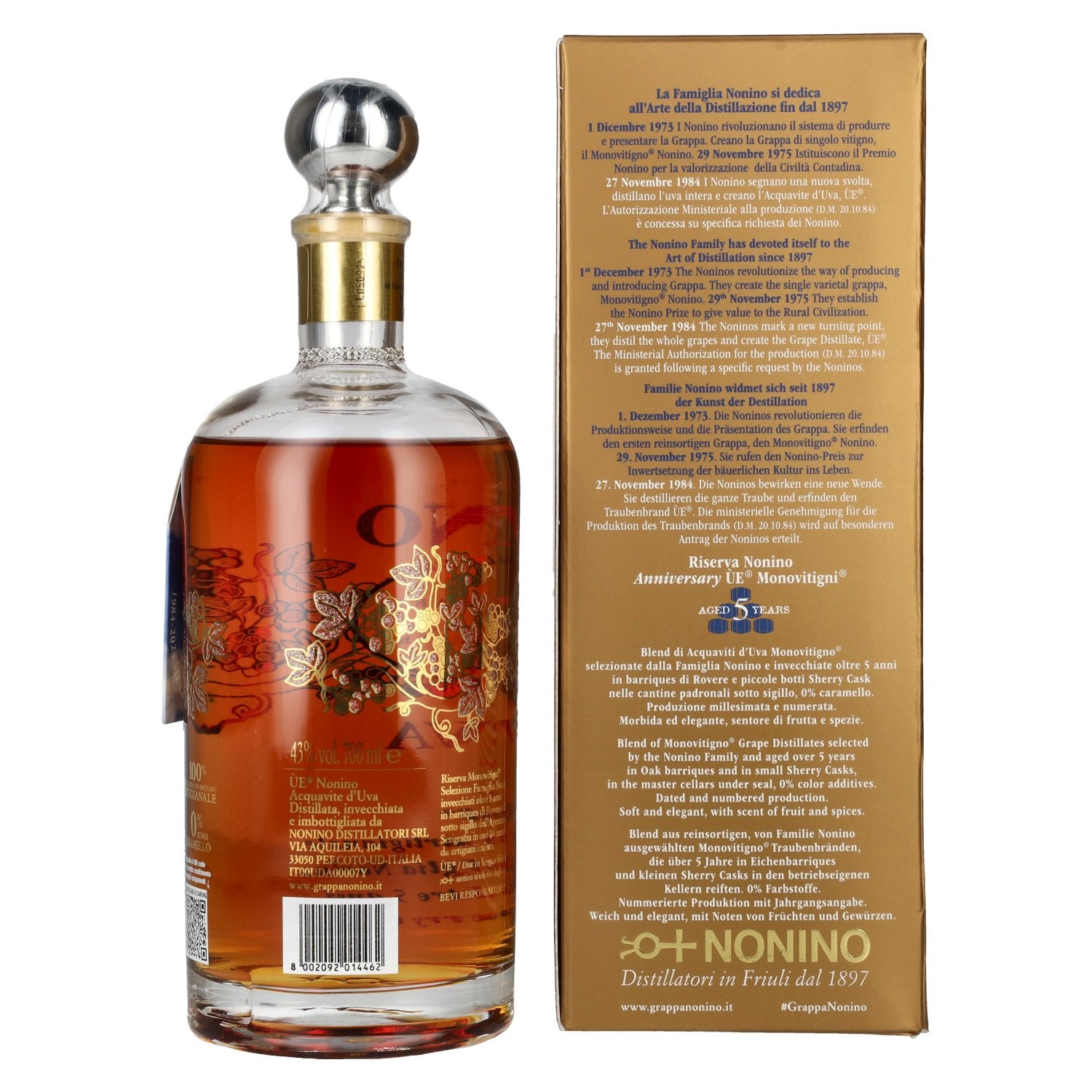 Nonino Grappa ÙE Monovitigni Riserva 5 Years Old 43% Vol. 0,7l in Geschenkbox