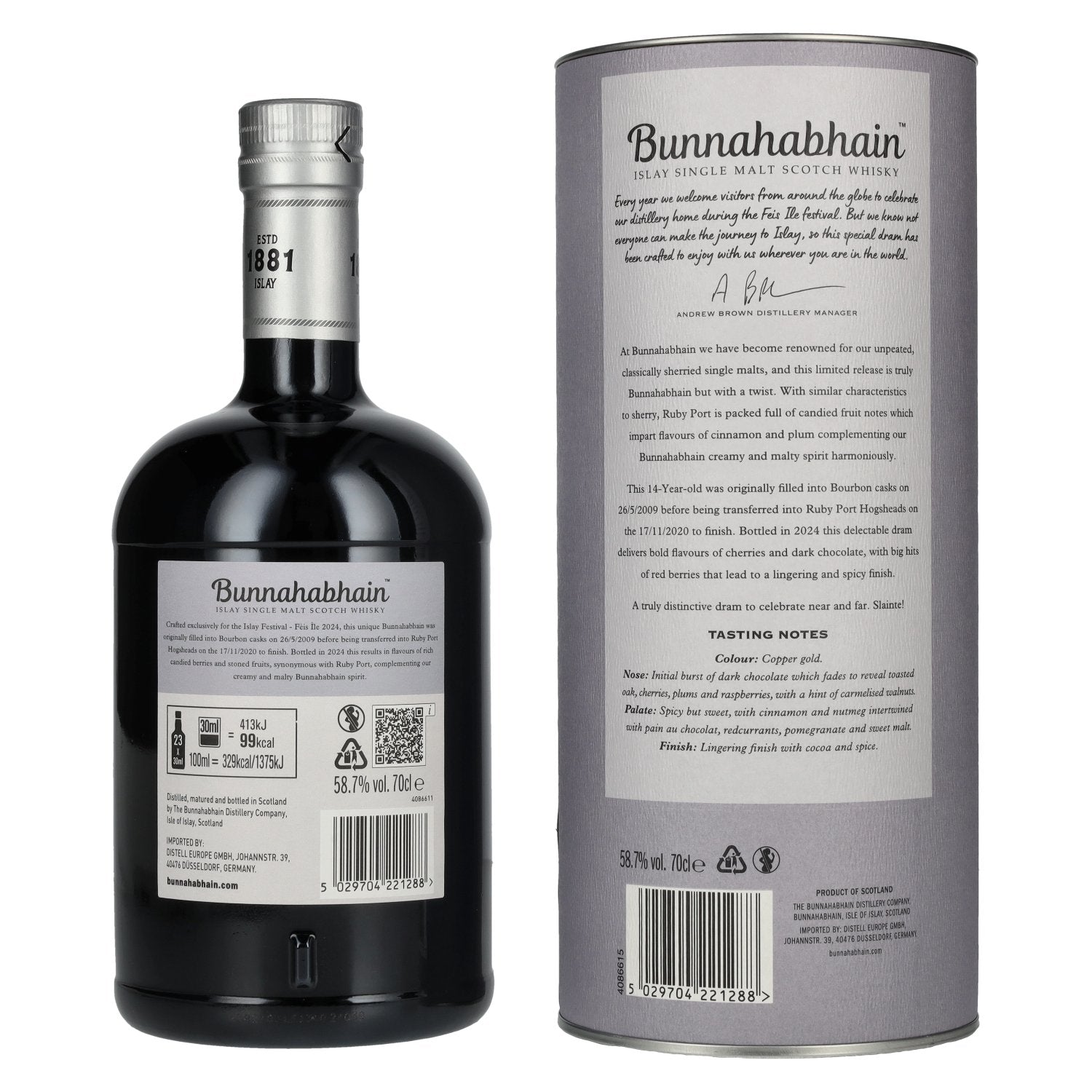 Bunnahabhain 14 Years Old RUBY PORT CASK Matured Limited Release Fèis Ìle 2024 58,7% Vol. 0,7l in Geschenkbox