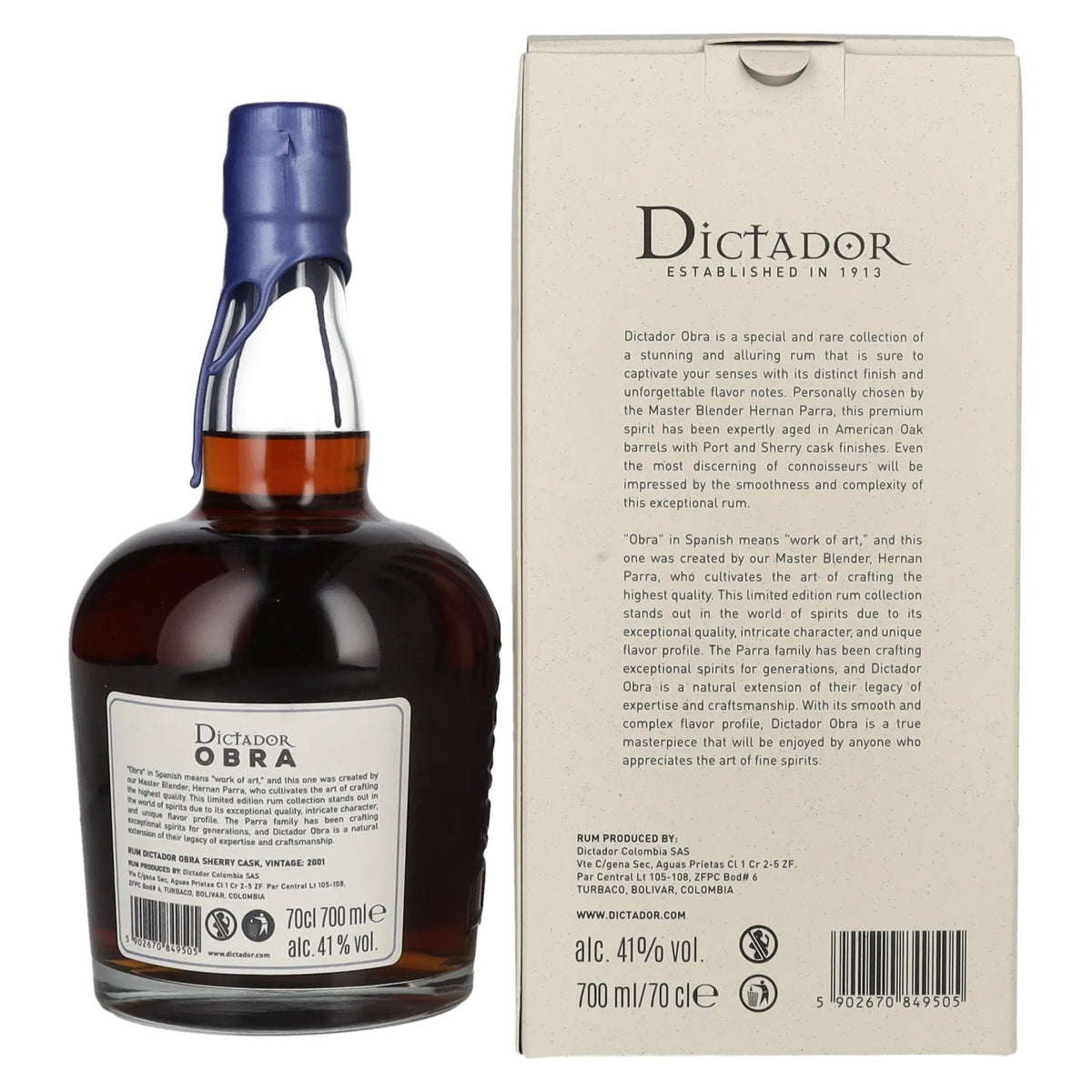 Dictador OBRA VINTAGE 22 Years Old SHERRY CASK Rum 2001 41% Vol. 0.7l in gift box