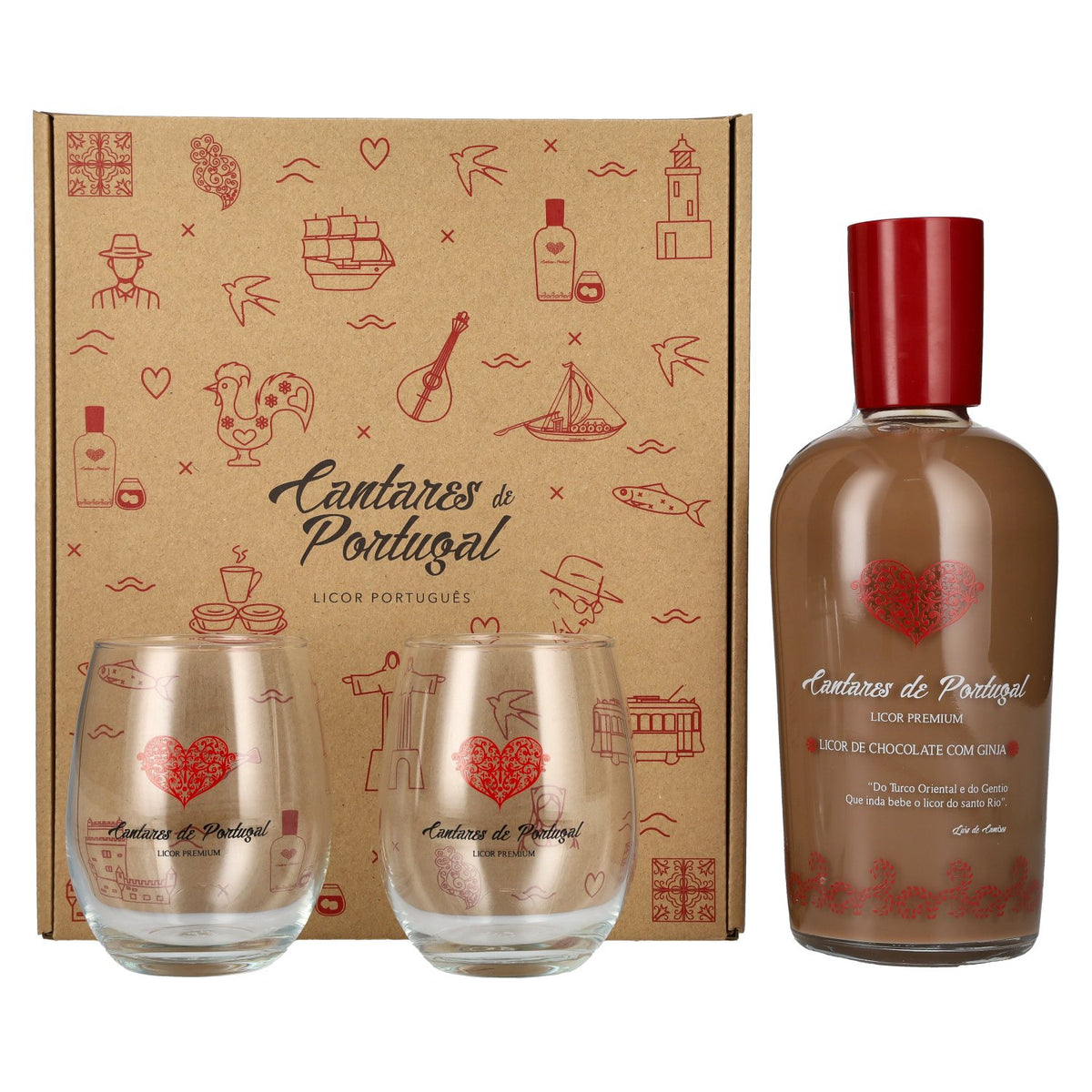 Cantares de Portugal Chocolate Liqueur with Ginja 15% Vol. 0.7l in Gift Box with 2 Glasses