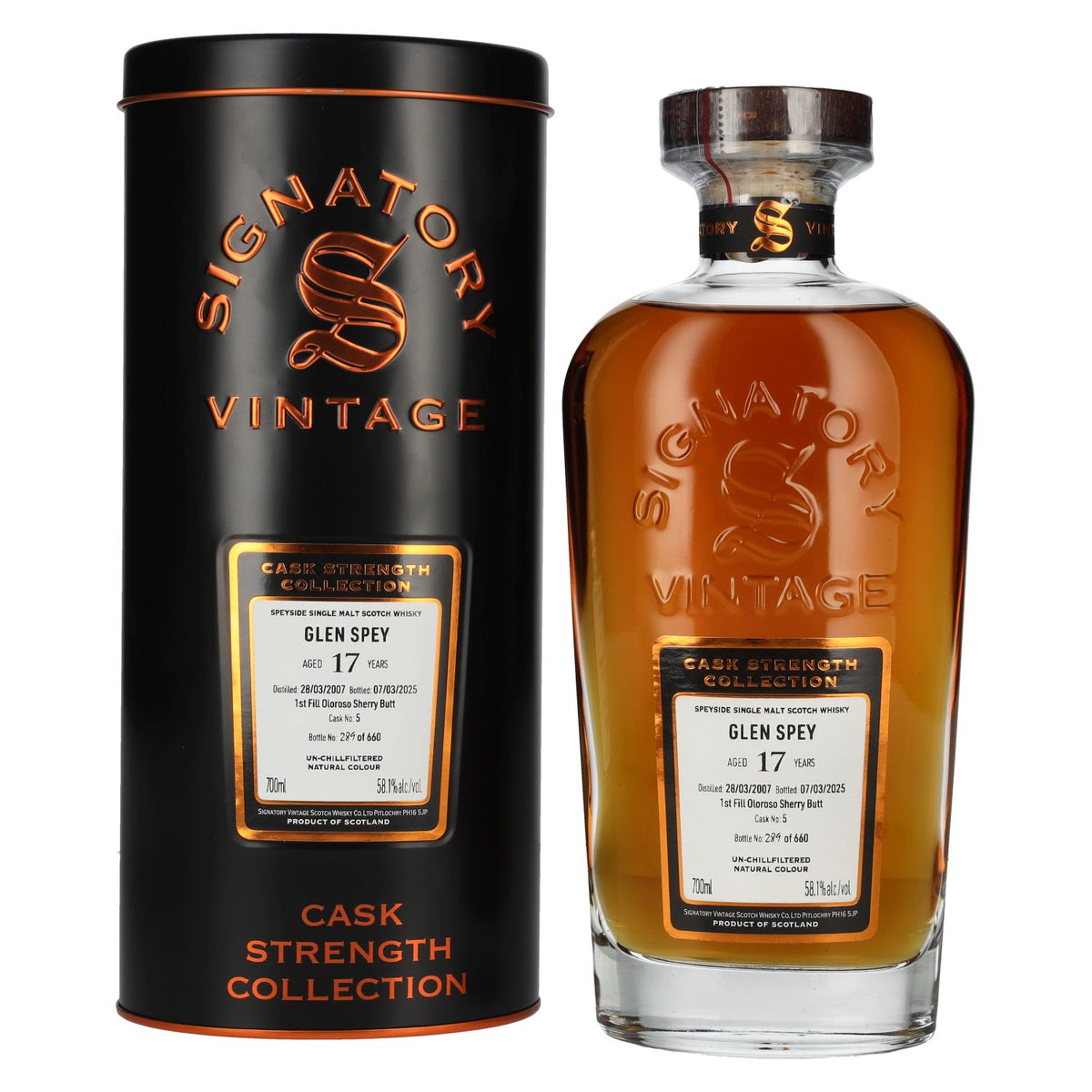 Signatory Vintage GLEN SPEY 17 Years Old 1st Fill Oloroso Cask Strength #5 2007 58,1% Vol. 0,7l in Tinbox