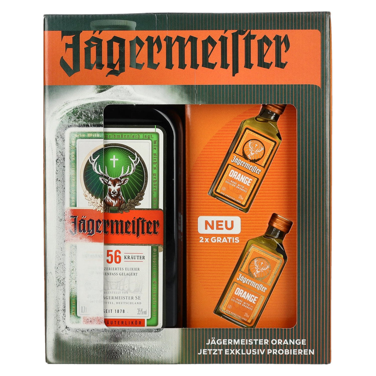 Jägermeister On Pack 34.9% Vol. 0.7l with 2 Jägermeister Orange 0.02l