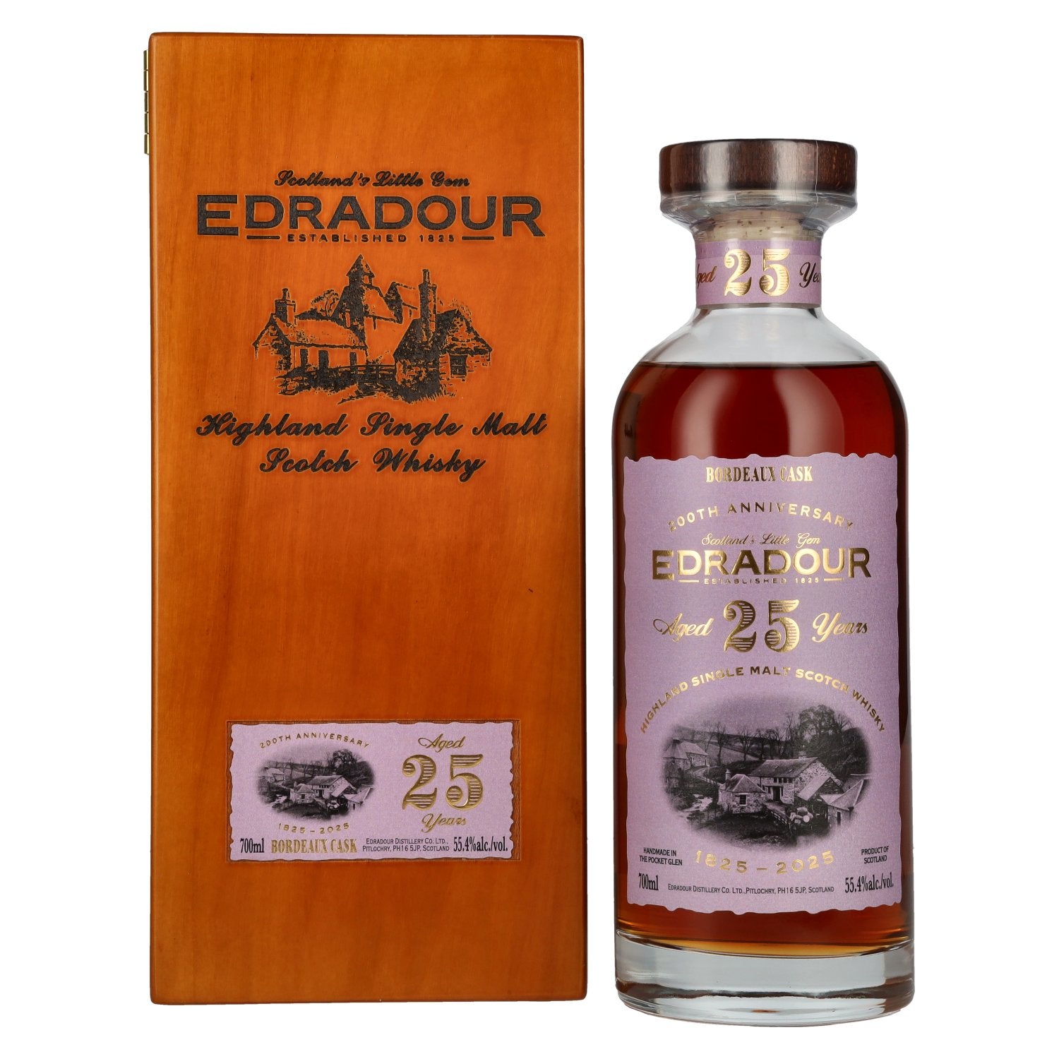 Edradour 25 Years Old 200th Anniversary 1st Fill Bordeaux Cask Highland Single Malt 55.4% Vol. 0.7l in wooden box