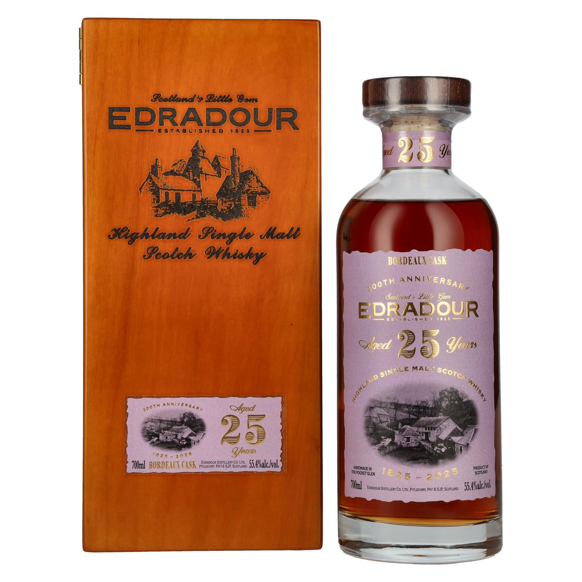 Edradour 25 Years Old 200th Anniversary 1st Fill Bordeaux Cask Highland Single Malt 55.4% Vol. 0.7l in wooden box