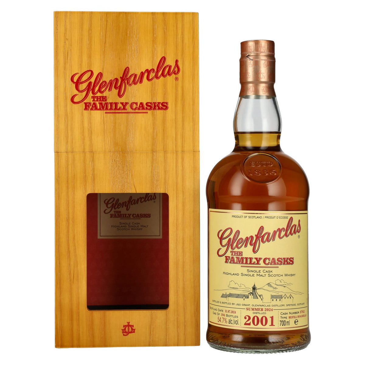 Glenfarclas THE FAMILY CASKS Single Cask SUMMER 2024 Refill Hogshead #3762 2001 54.7% Vol. 0.7l in wooden box