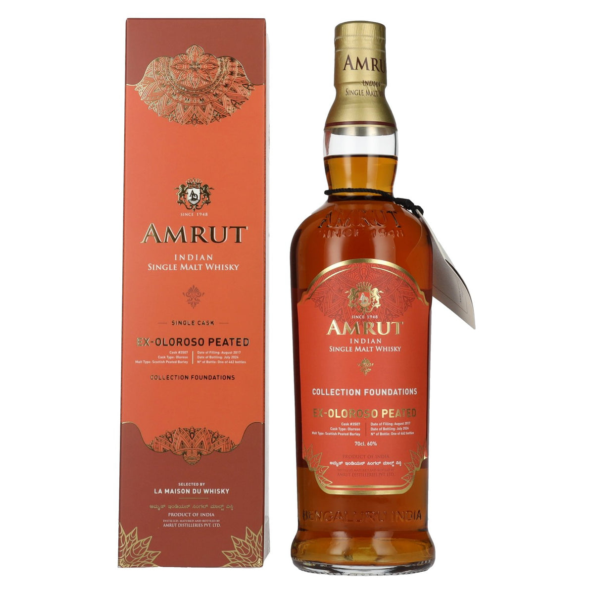 Amrut Ex-Oloroso Peated Indian Single Malt Whisky Collection Foundations 60% Vol. 0,7l in Geschenkbox
