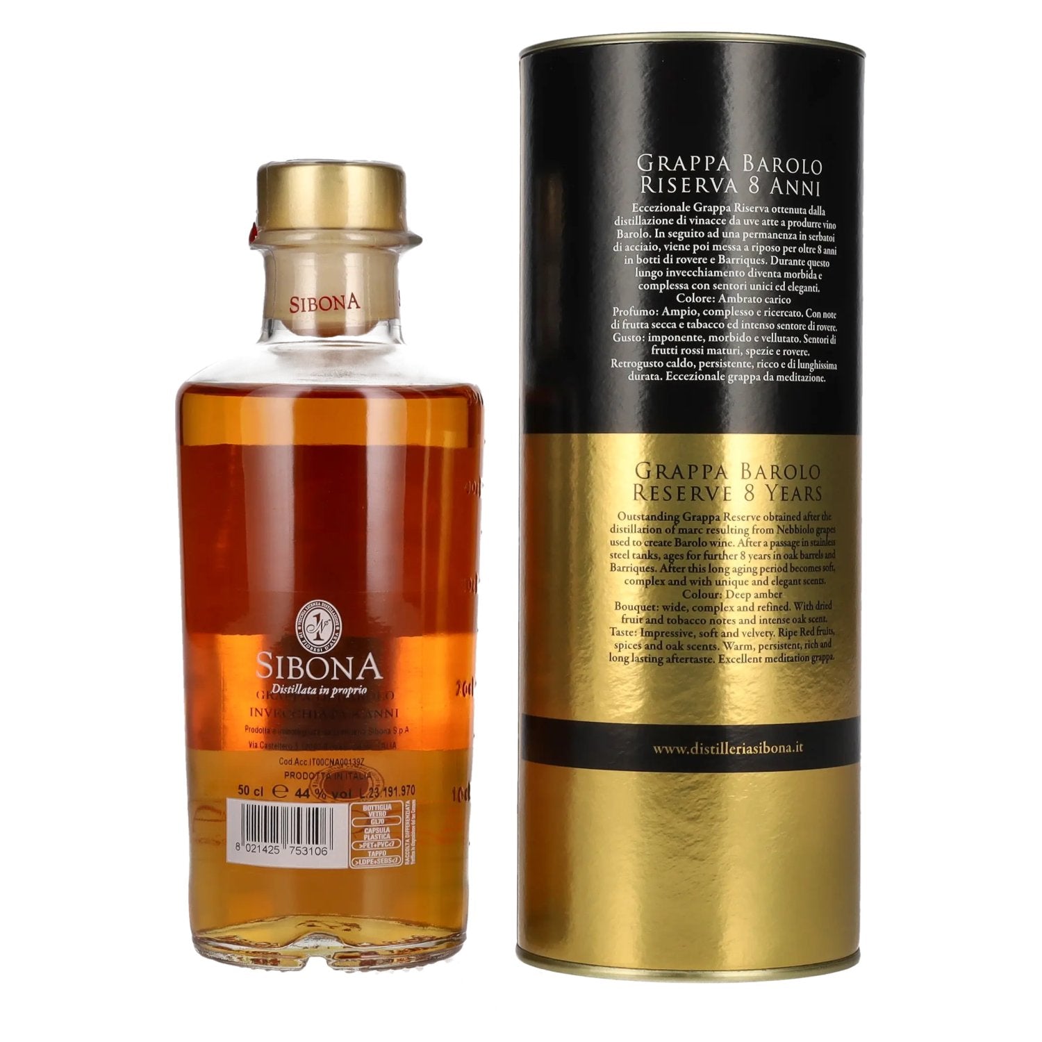 Sibona 8 Years Aged Grappa di BAROLO 44% Vol. 0.5l in gift box