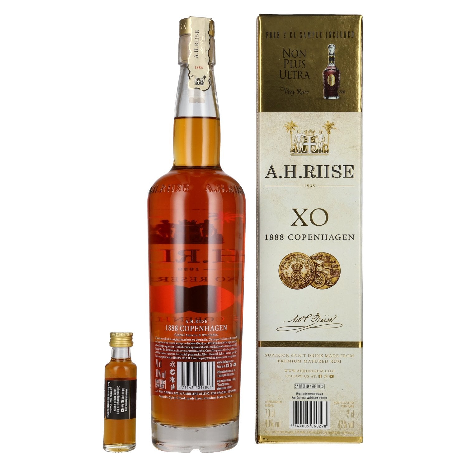 A.H. Riise 1888 COPENHAGEN XO Spirit Drink 40,1% Vol. 0,7l in Geschenkbox mit Miniatur Non Plus Ultra 0,02l