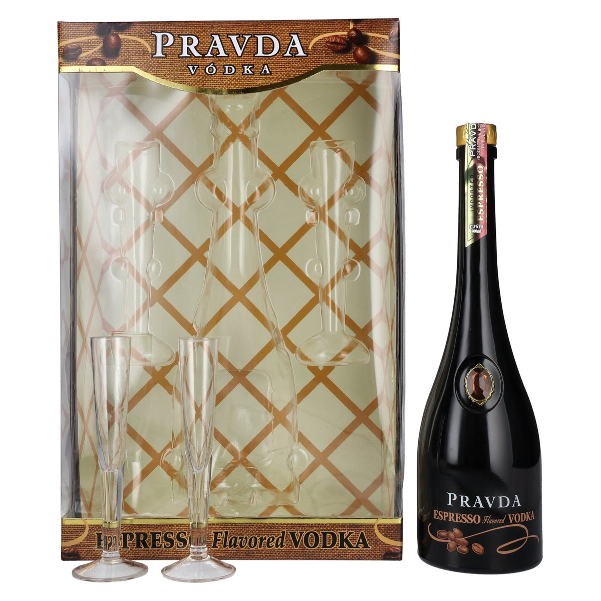 Pravda ESPRESSO Flavored Vodka 37,5% Vol. 0,7l in Geschenkbox mit 2 Gläser