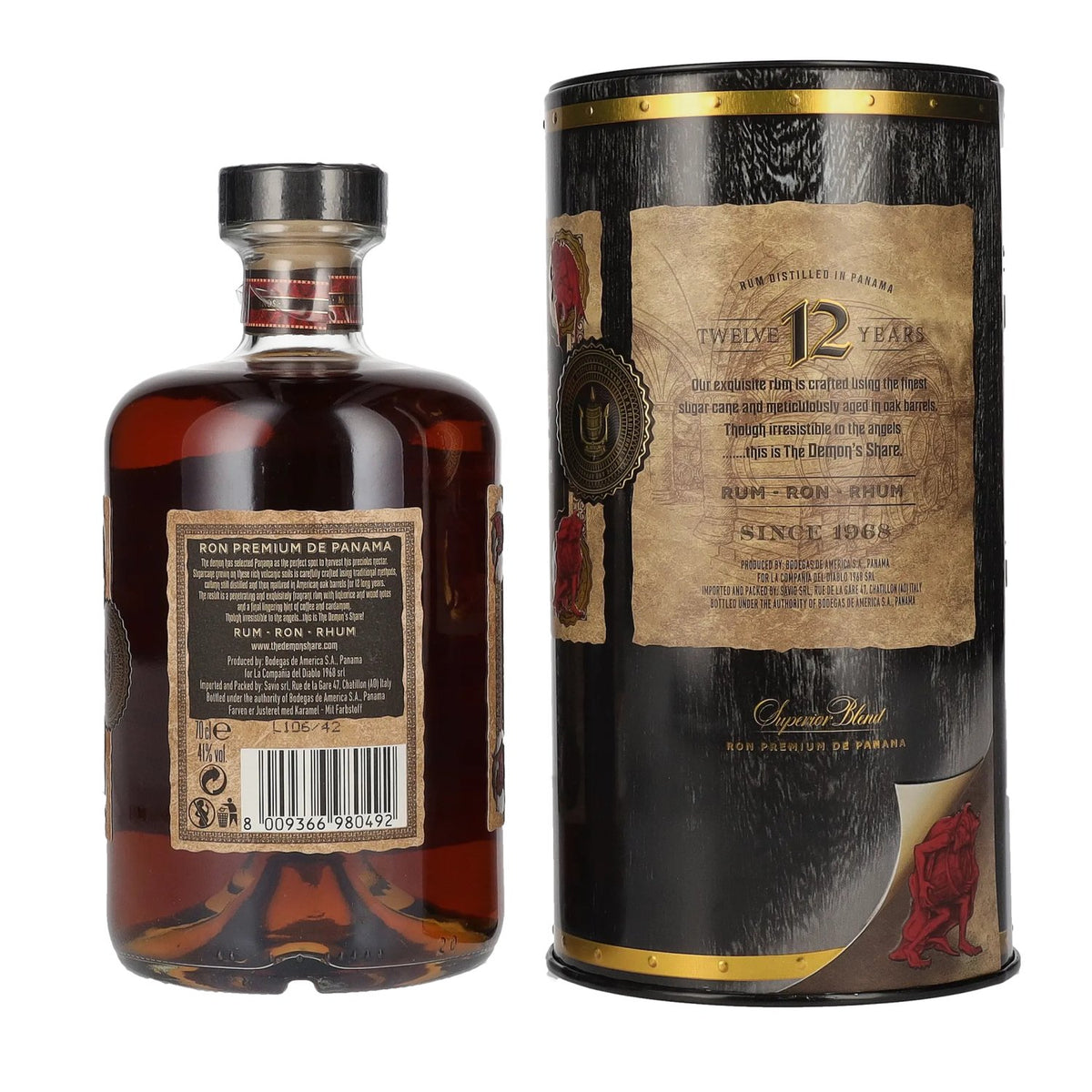 The Demon's Share Superior Blend Rum, 12 Years Old, 41% vol., 0.7 l in a tin box