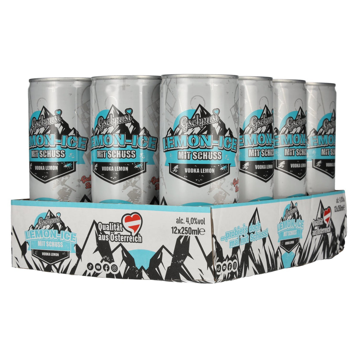 Gschpusi Lemon Ice with a splash of alcohol, 4% ABV, 12 x 0.25l tins, deposit required