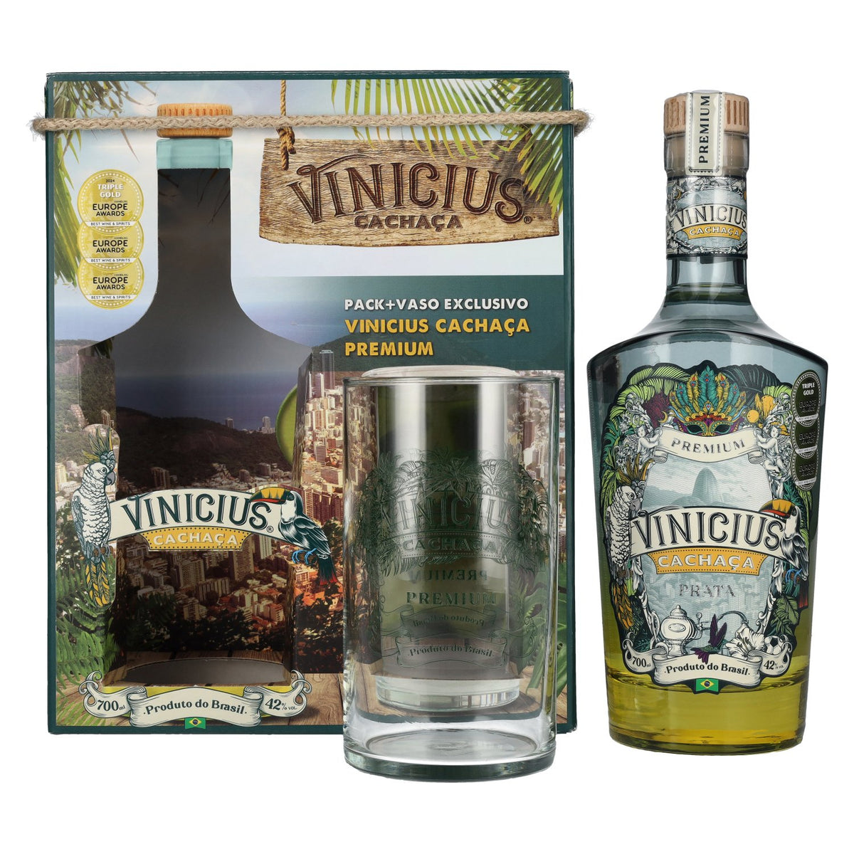 VINICIUS Premium Cachaca Prata 42% Vol. 0.7L in gift box with glass