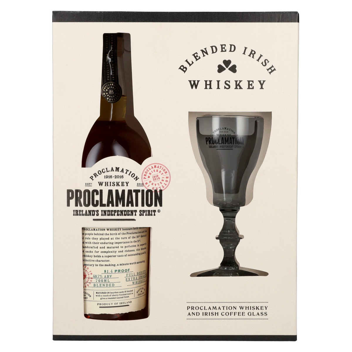 Proclamation Blended Irish Whiskey 40.7% ABV, 0.7l, in a gift box with a glass