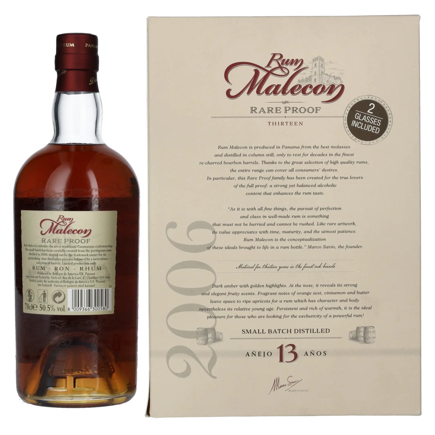 Rum Malecon Añejo 13 Years RARE PROOF 2006 50.5% Vol. 0.7l in gift box with 2 glasses