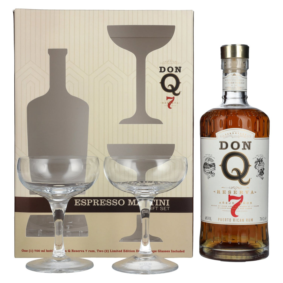 Don Q RESERVA Añejo 7 Años Puerto Rican Rum 40% Vol. 0,7l in Geschenkbox mit 2 Gläsern