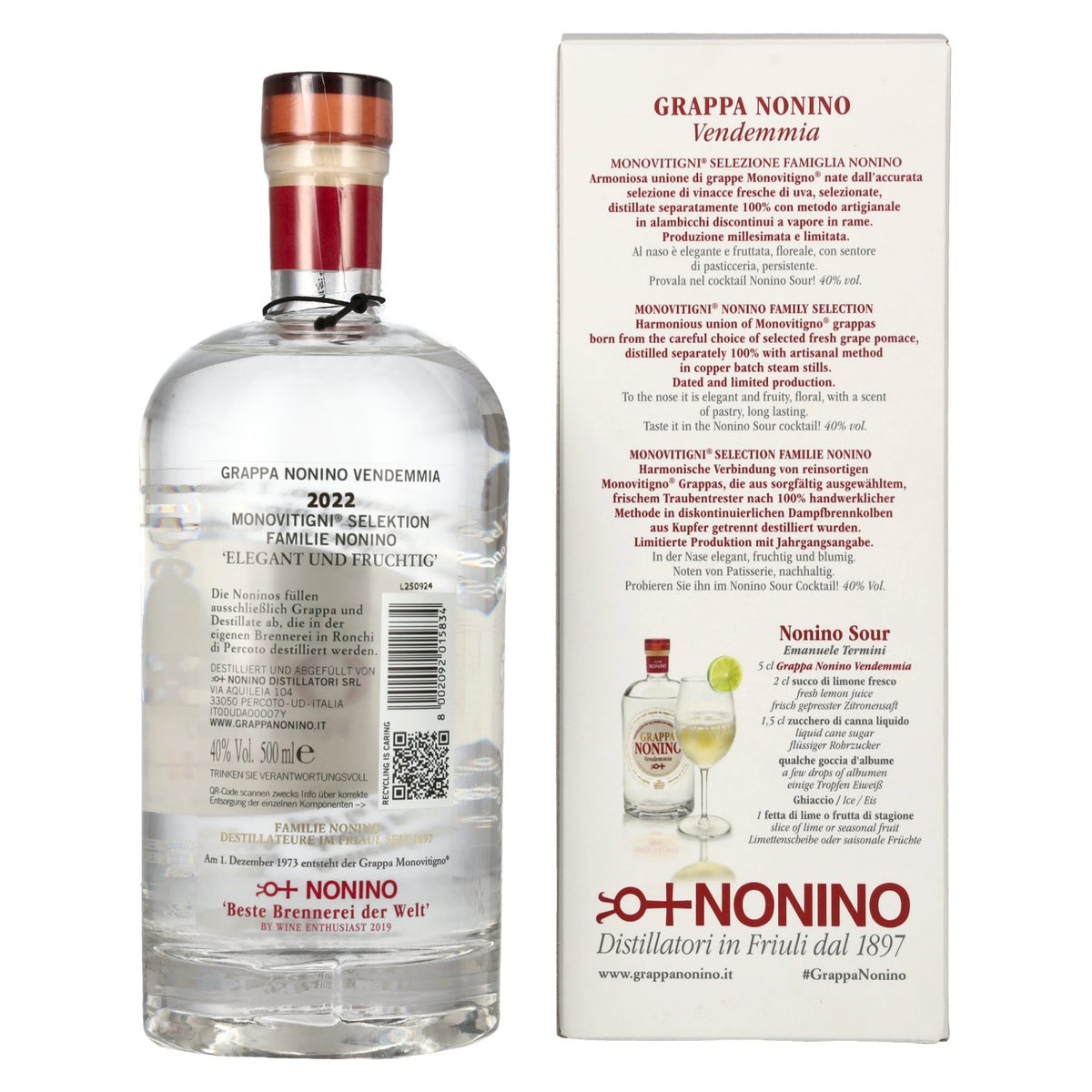 Nonino Grappa Monovitigni Vendemmia 40% ABV, 0.5 litres, in a gift box