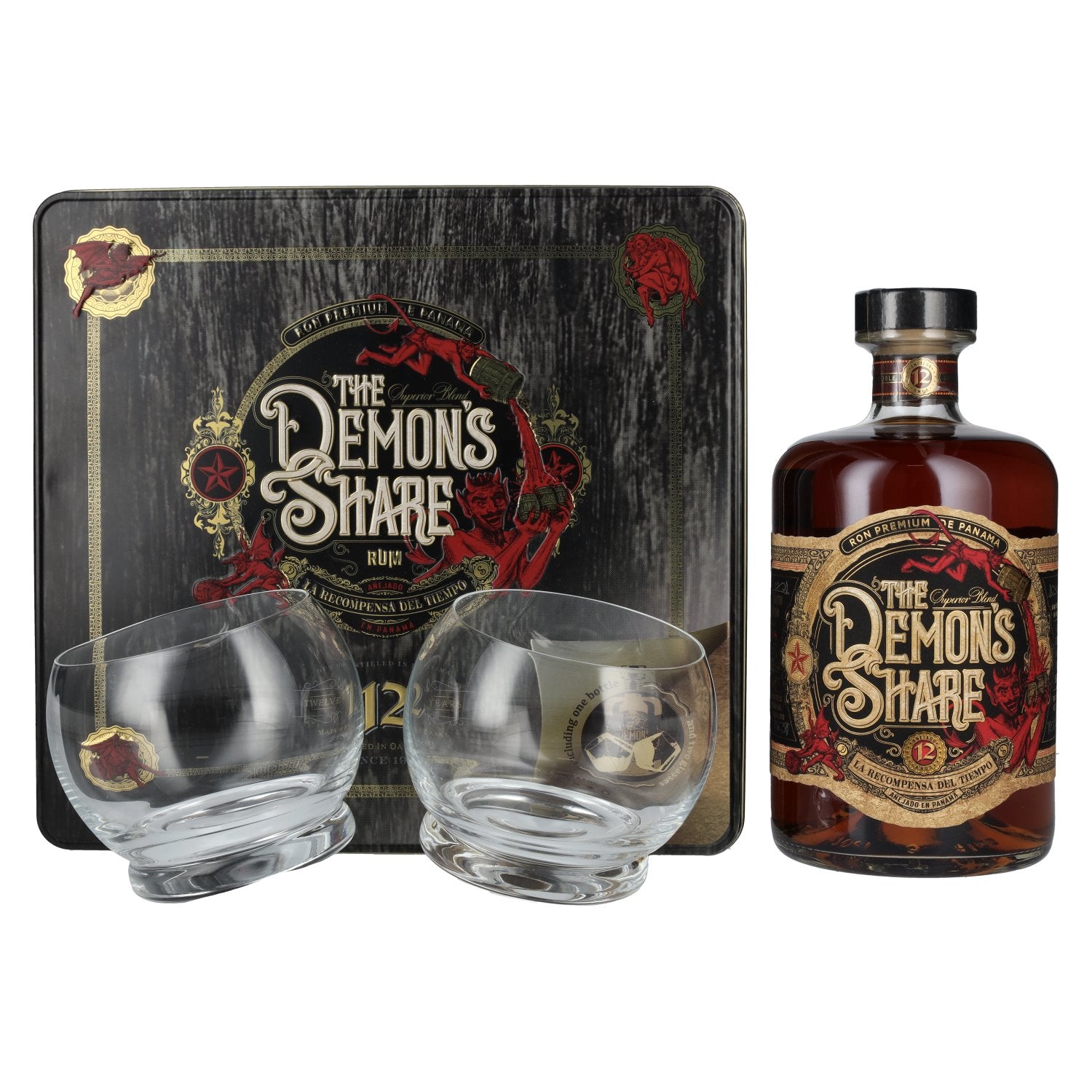 The Demon's Share Superior Blend Rum 12 Years Old 41% Vol. 0.7l in Tin Box with 2 Glasses