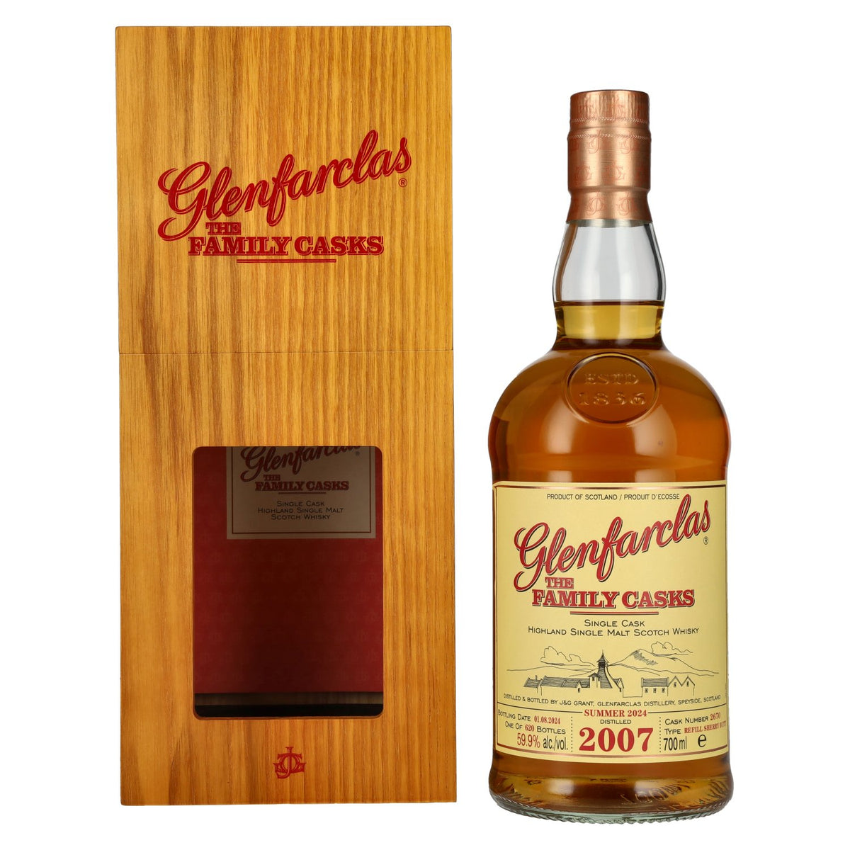 Glenfarclas THE FAMILY CASKS Single Cask SUMMER 2024 Refill Sherry Butt #2670 2007 59.9% Vol. 0.7l in wooden box