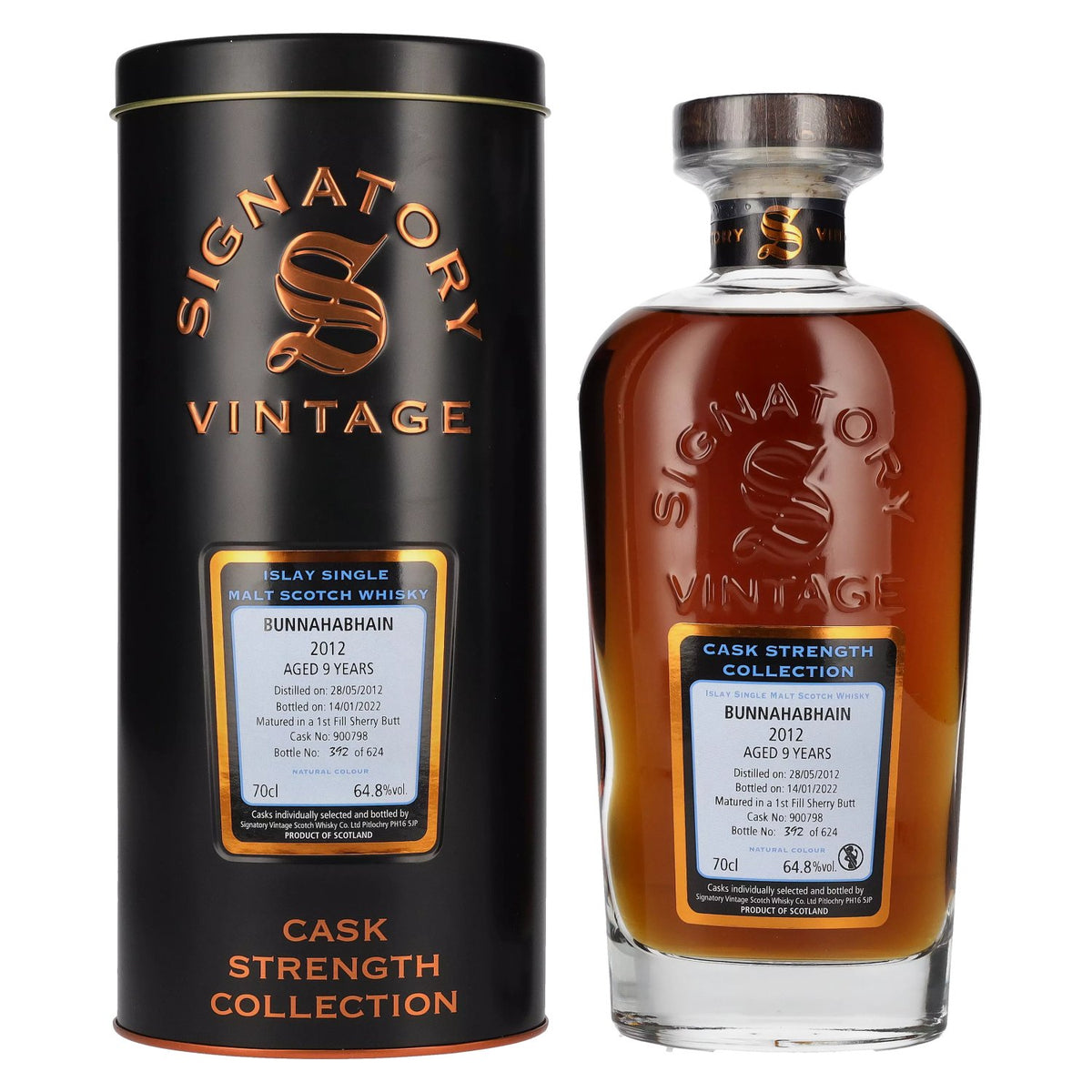 Signatory Vintage BUNNAHABHAIN 9 Years Old Cask Strength 2012 64.8% Vol. 0.7l in Tin Box
