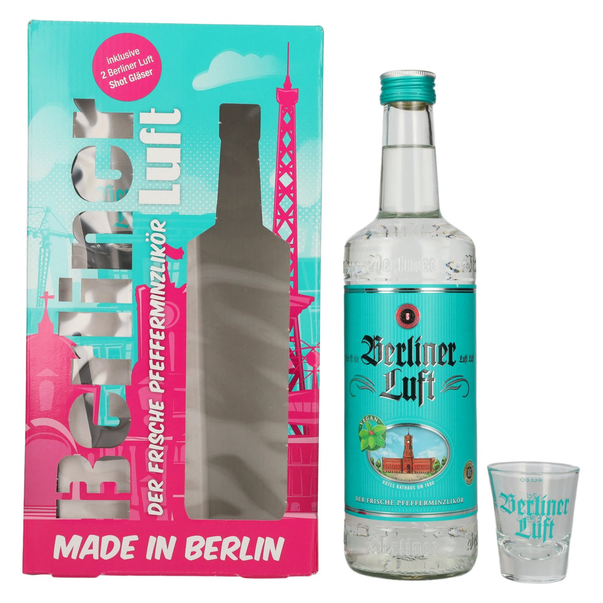 Berliner Luft DER FRISCHE Pfefferminzlikör 18% Vol. 0,7l in Geschenkbox mit 2 Gläsern