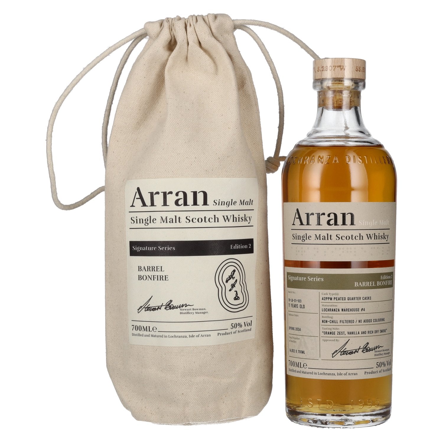 The Arran Malt Signature Series 2 BARREL BONFIRE Single Malt Scotch Whisky 50% Vol. 0.7l in a linen bag