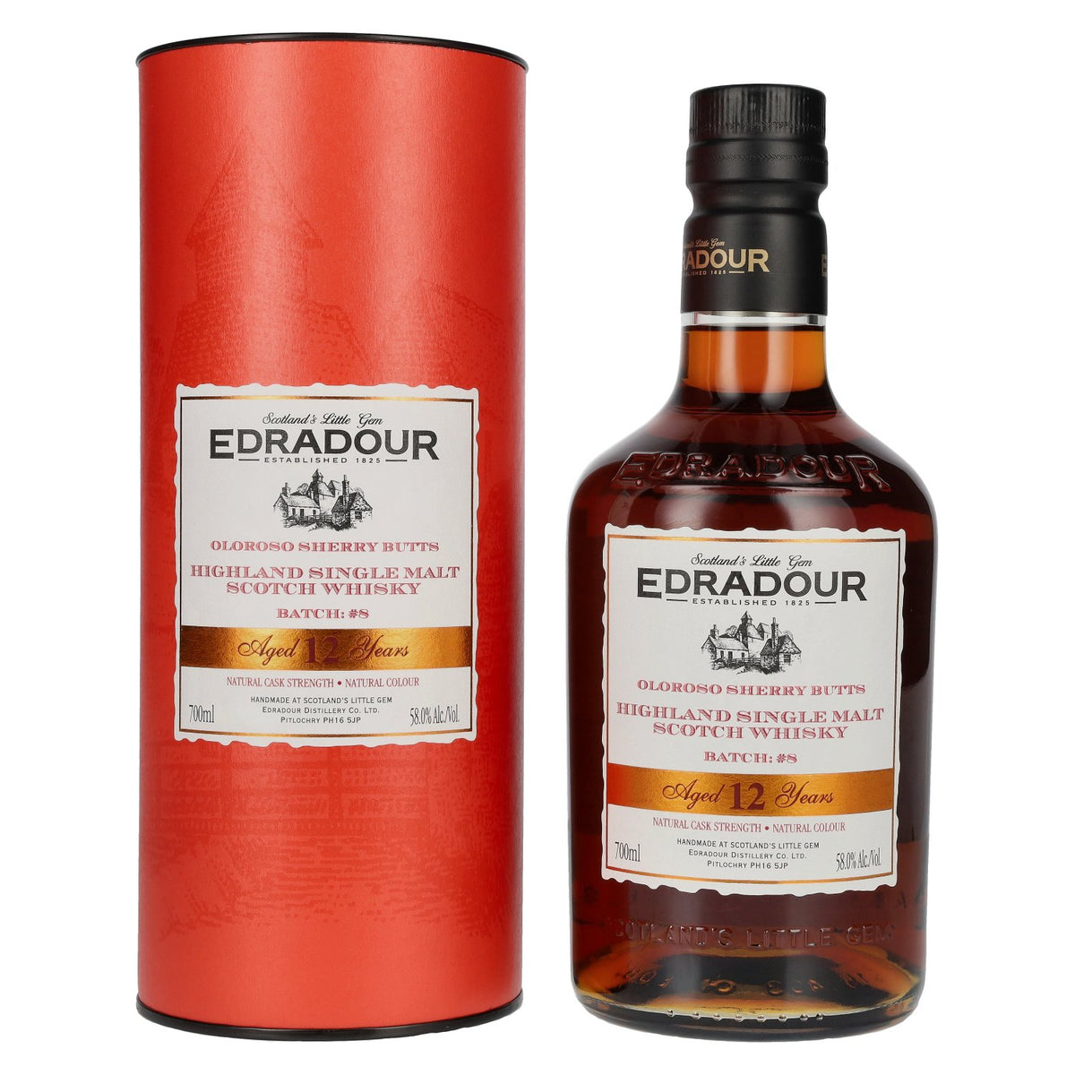 Edradour Whisky 12 Years Old Oloroso Sherry Single Malt Whisky, Natural Cask Strength #8, 58% vol., 0.7 litres in a gift box