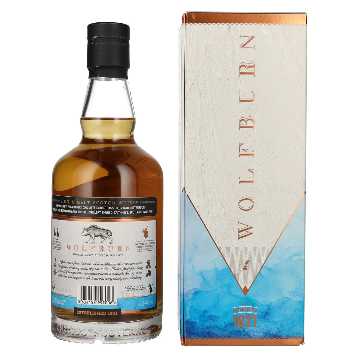 Wolfburn MANZANILLA Single Malt Scotch Whisky 46% ABV, 0.7 litres, in a gift box