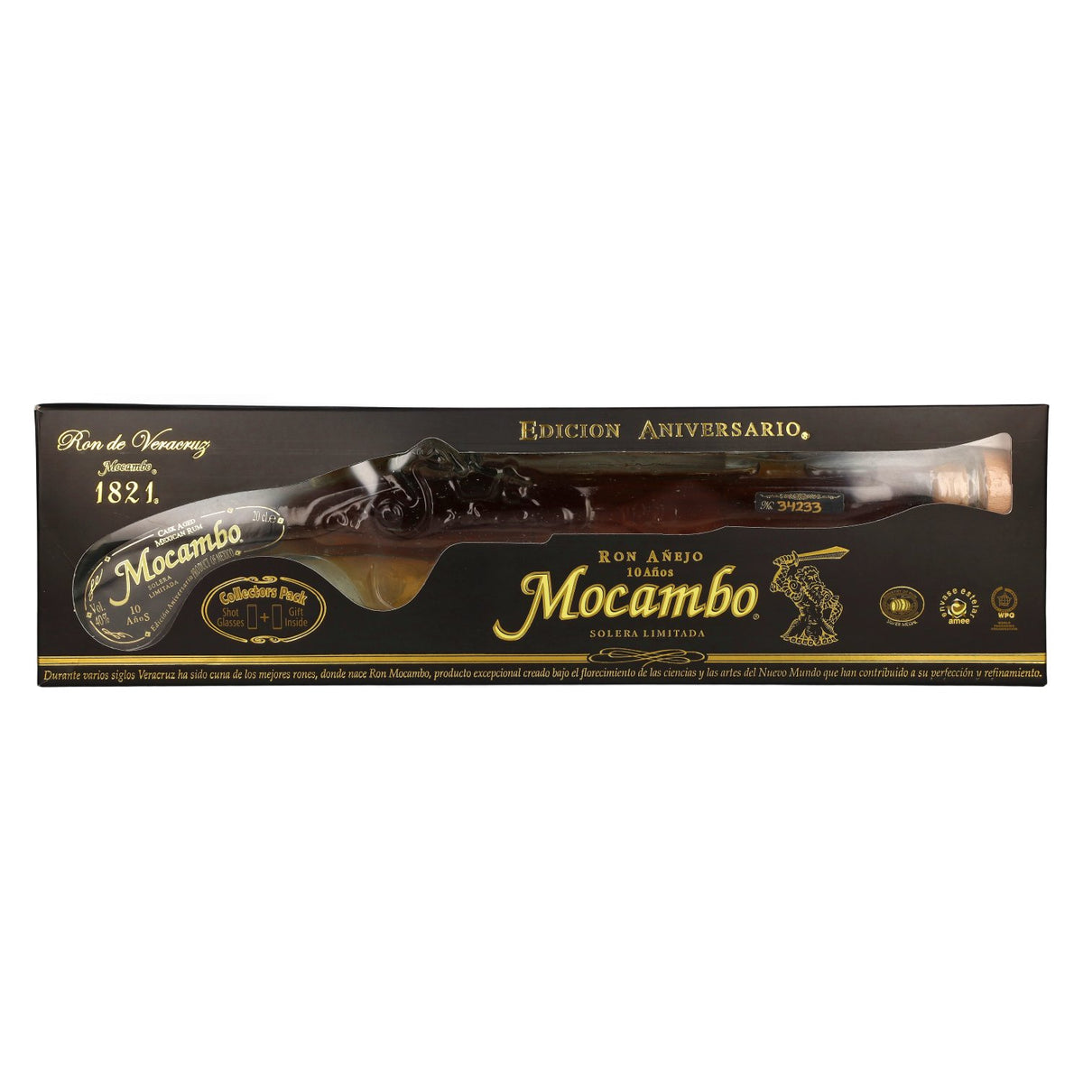 Mocambo Ron Añejo 10 Years Solera Limitada Edición Anniversario Buccaneer Pistol 40% vol. 0.2 l in a gift box with 2 shot glasses
