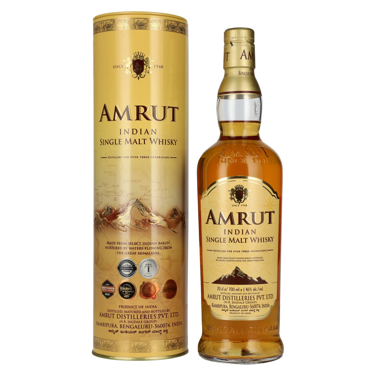 Amrut Indian Single Malt Whisky 46% ABV, 0.7 litres, in a tin box