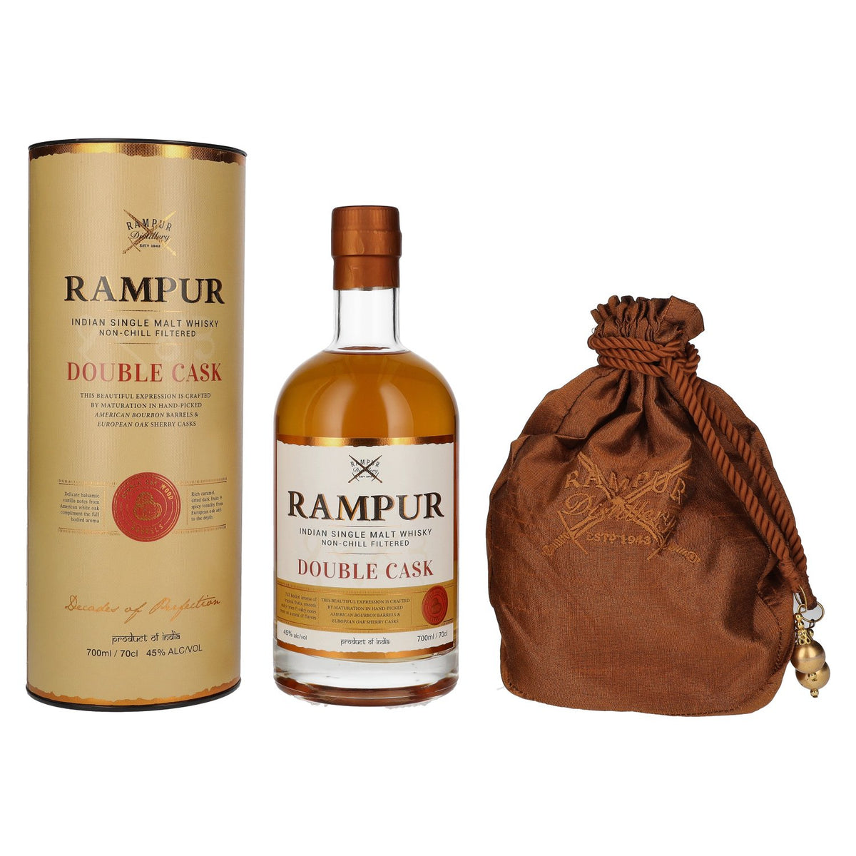 Rampur DOUBLE CASK Indian Single Malt Whisky 45% Vol. 0.7L in gift box with pouch
