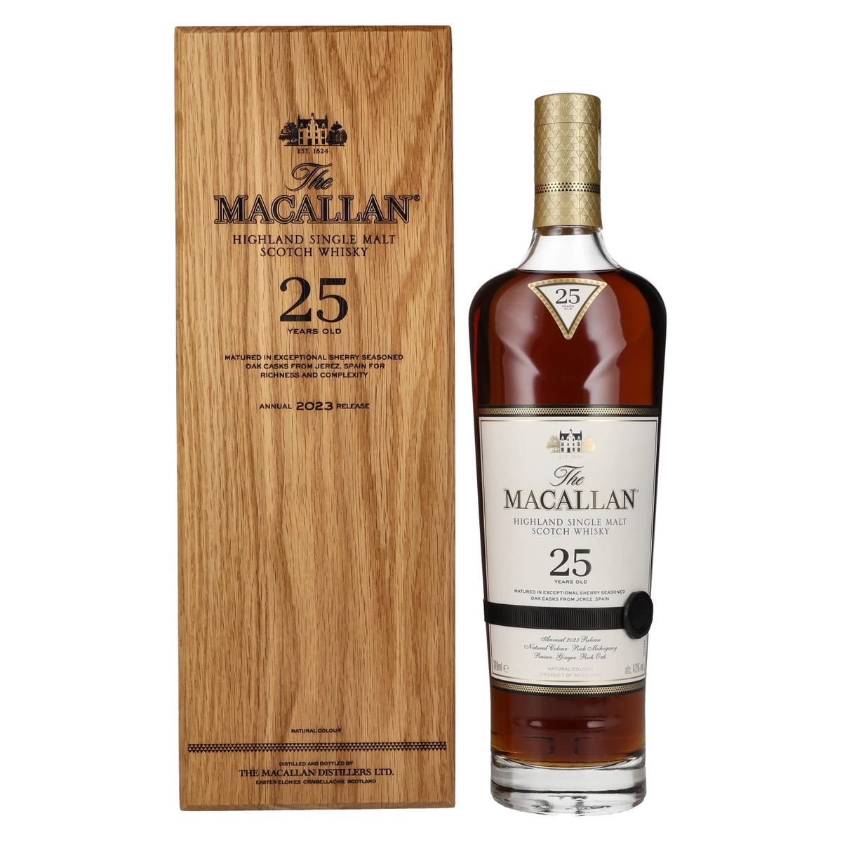 The Macallan 25 Years Old SHERRY OAK 2024 43% ABV 0.7 litres in a wooden box