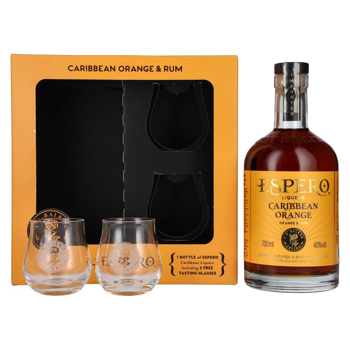 Ron Espero Caribbean Orange &amp; Rum Liqueur 40% vol. 0.7 l in a gift box with 2 glasses