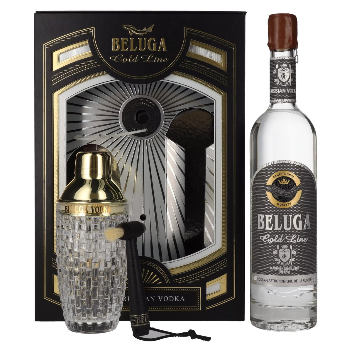 Beluga Gold Line Noble Russian Vodka 40% vol. 0.7 l in a gift box with a brush and a shaker