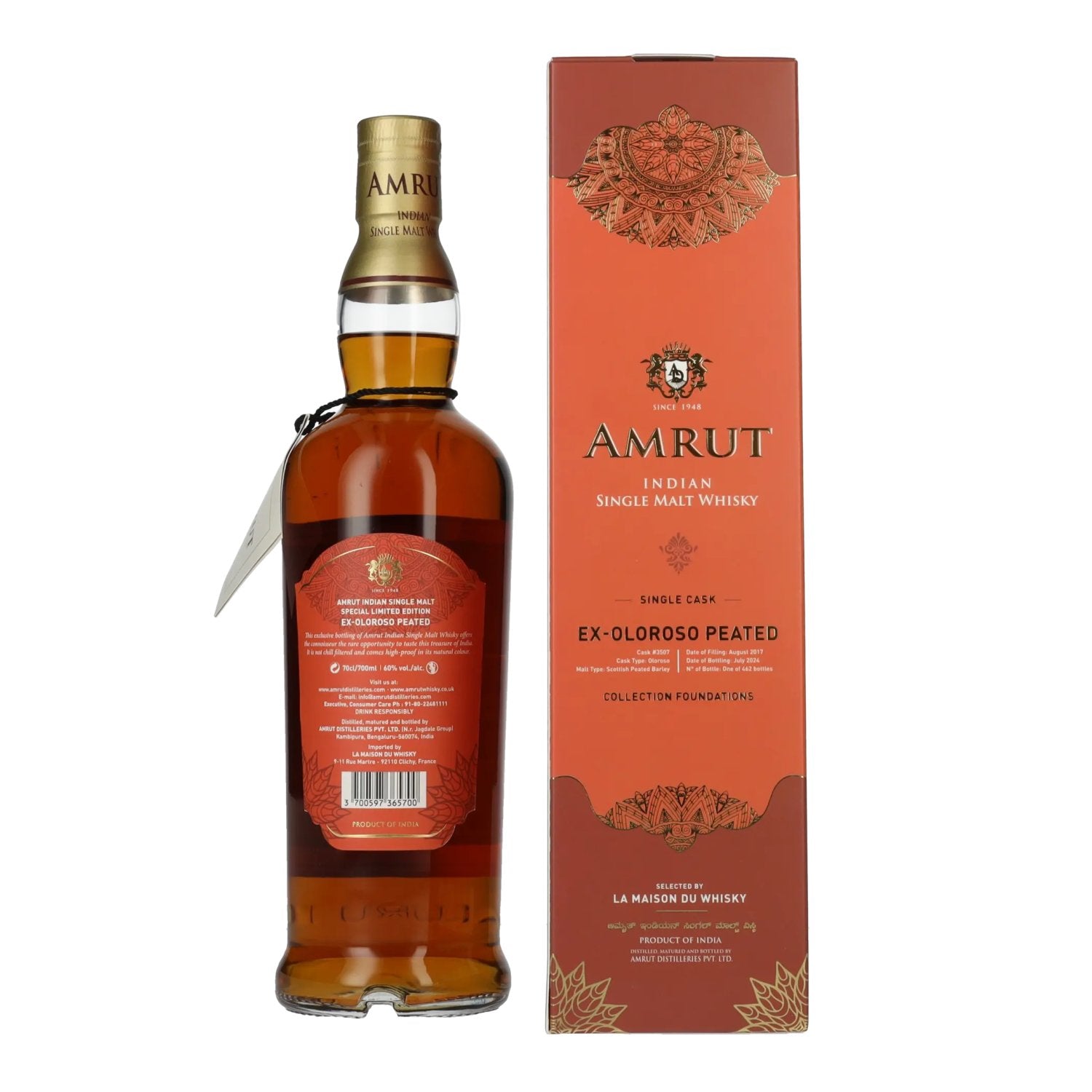 Amrut Ex-Oloroso Peated Indian Single Malt Whisky Collection Foundations 60% Vol. 0,7l in Geschenkbox