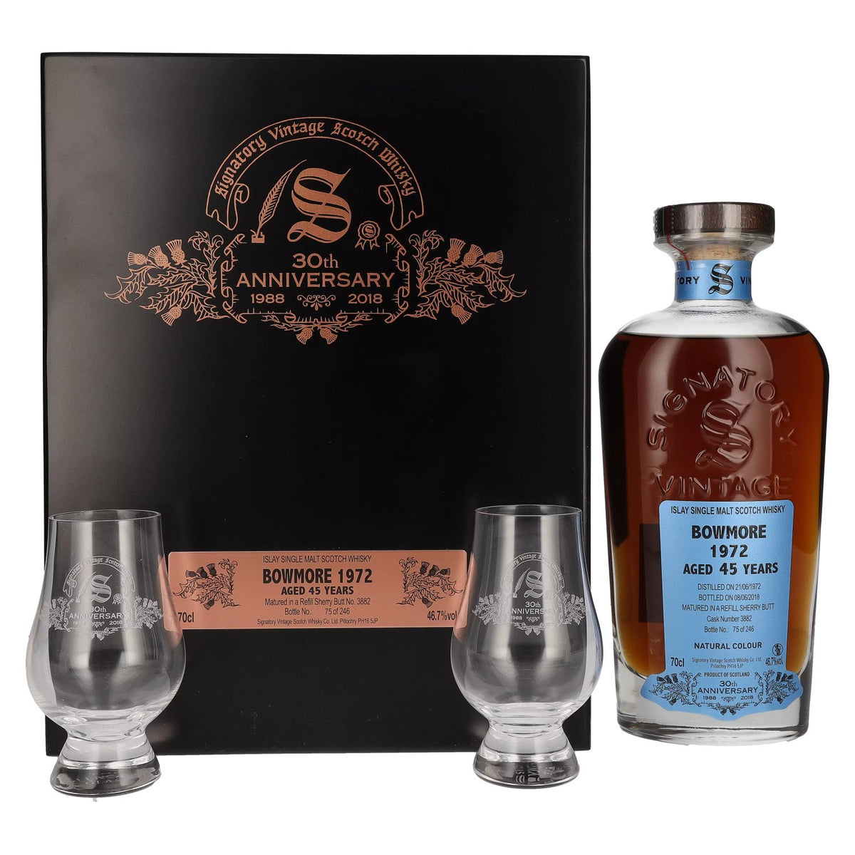 Signatory Vintage BOWMORE 45 Years Old 30th ANNIVERSARY 1972 46.7% Vol. 0.7l in wooden box with 2 glasses