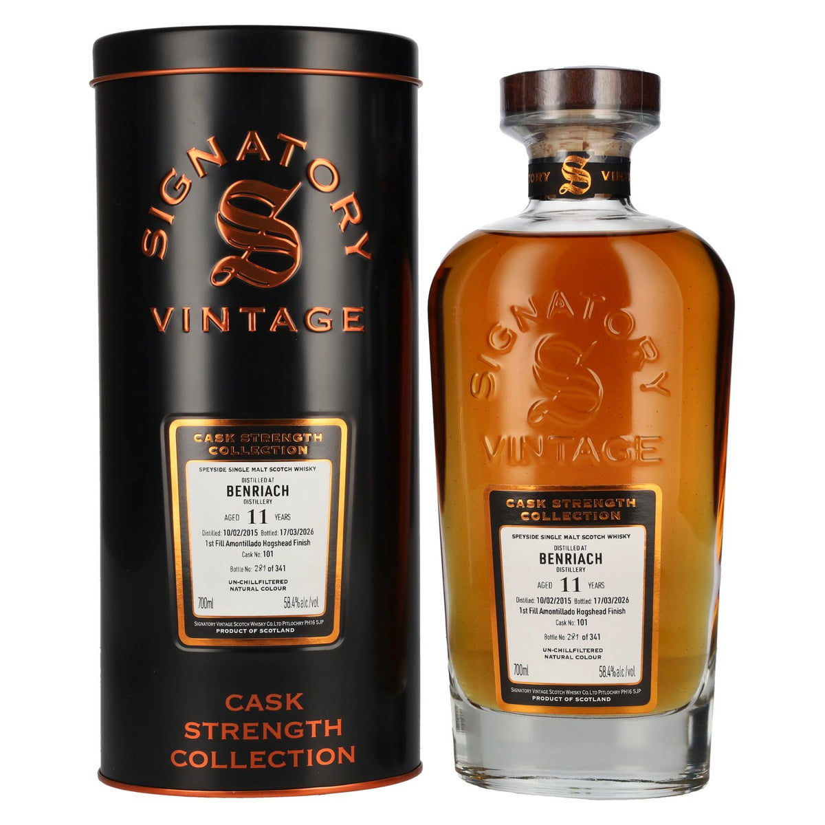 Signatory Vintage Benriach 11 Years Old, First-Fill Amontillado Cask, Cask Strength #101, 2015, 58.4% vol., 0.7 l in a tin box