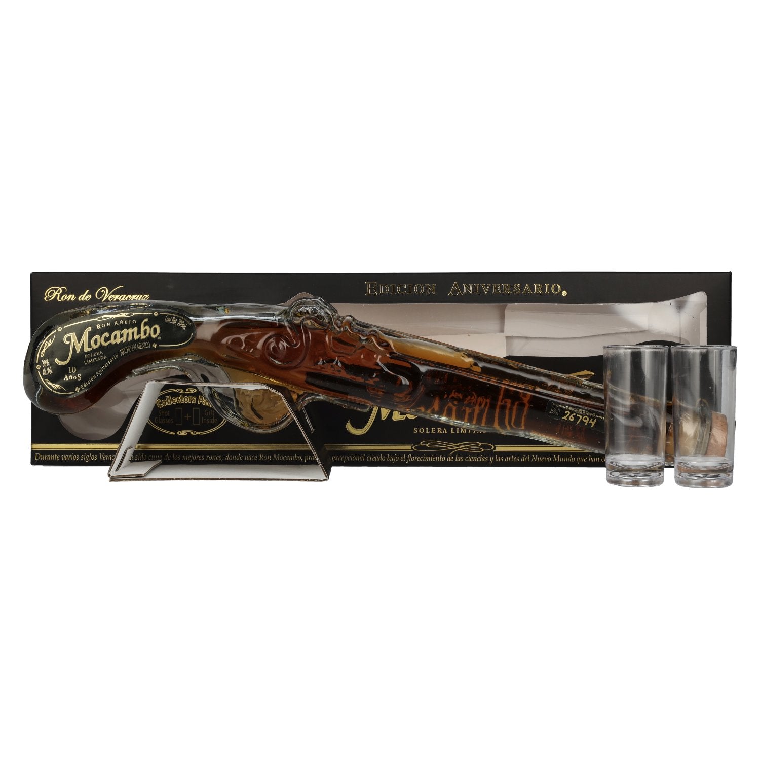 Mocambo Ron Añejo 10 Years Solera Limitada Edición Anniversario Buccaneer Pistol 40% Vol. 0.2l in gift box with 2 shot glasses