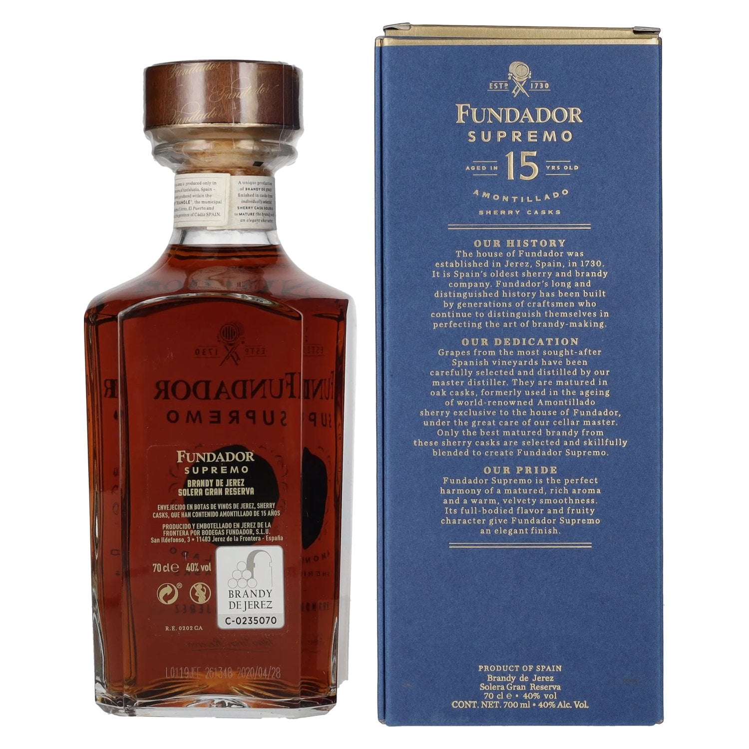 Fundador Supremo 15 Years Old Sherry Casks Brandy de Jerez 40% Vol. 0.7l in gift box