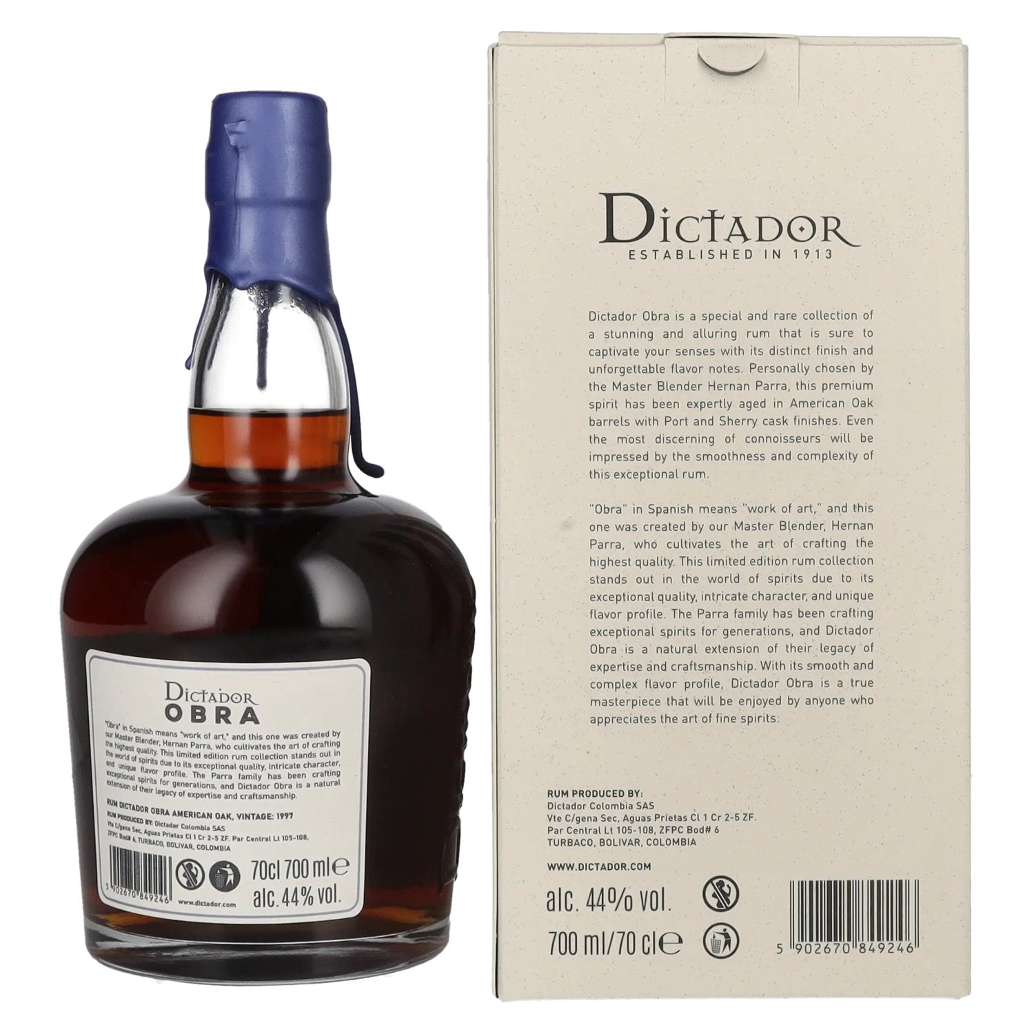 Dictador OBRA VINTAGE 26 Years Old AMERICAN OAK CASK Rum 1997 44% Vol. 0,7l in Geschenkbox