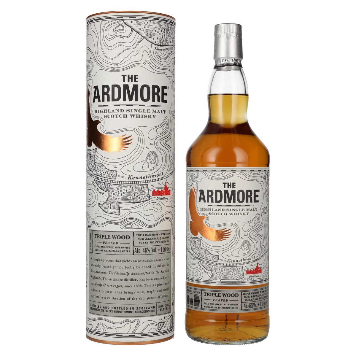 The Ardmore TRIPLE WOOD Peated Highland Single Malt 46% vol. 1 litre in a gift box