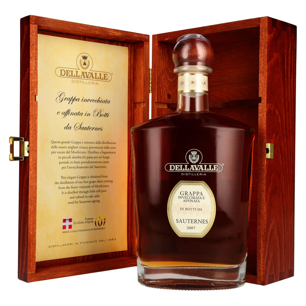 Dellavalle Grappa, aged in Sauternes casks, 2007, 42% ABV, 0.7 litres, in a wooden box