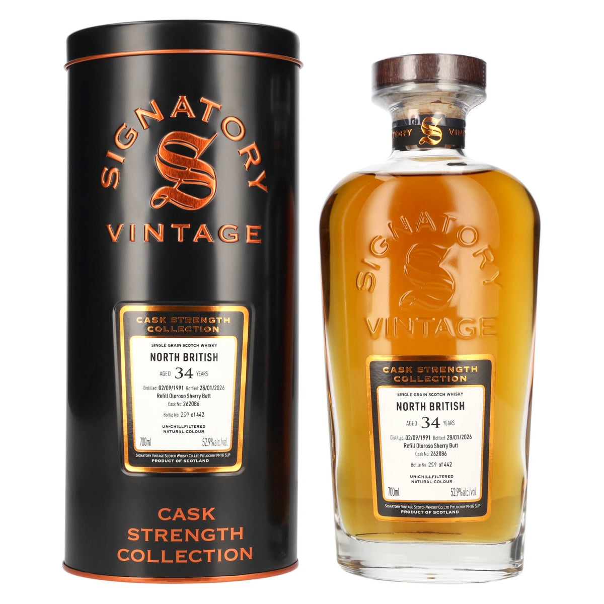 Signatory Vintage North British 34 Years Old Refill Oloroso Cask Strength #262086 1991 52.9% vol. 0.7 l in a tin box