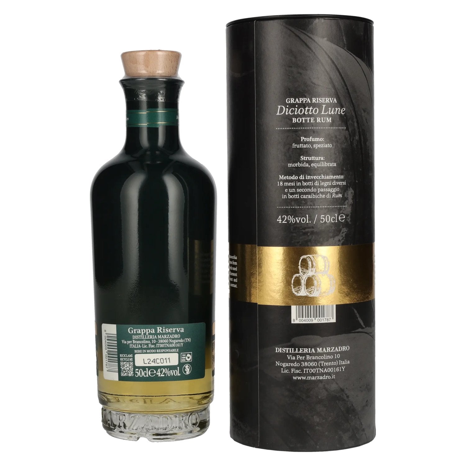 Marzadro DICIOTTO Lune Grappa Riserva Rum Cask 42% Vol. 0.5l in gift box